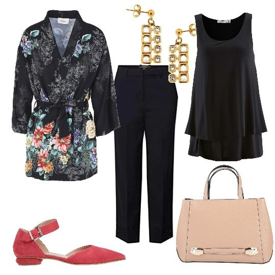 Outfit donna - Curvy con stile. Stile Chic per Tutti i giorni. Abbinamento con blazer, ballerine, borse a mano, top, pantaloni, orecchini.