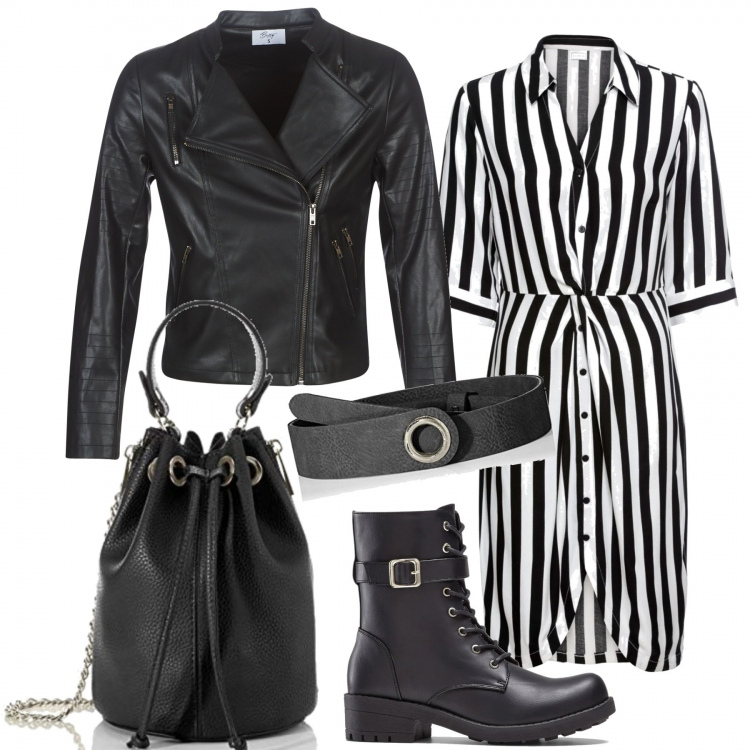Outfit donna - Rock #1737. Stile Rock per Tutti i giorni. Abbinamento con vestiti chemisier, stivaletti, giacche, borse a mano, cinture.