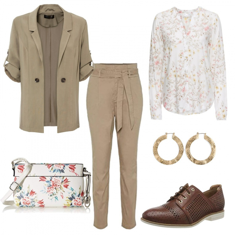 Outfit donna - Una ventata di primavera. Stile Urban per Ufficio. Abbinamento con camicie, blazer, pantaloni, pantaloni, scarpe stringate, borse a tracolla.