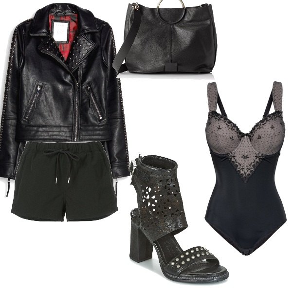 Outfit donna - Rock #1587. Stile Rock per Serata fuori. Abbinamento con body, sandali nero, borsetta nero.