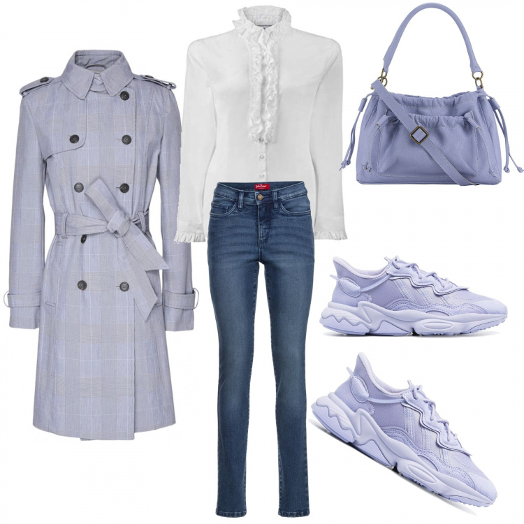 Outfit donna - Trench e scarpe lilla!. Stile Trendy per Tutti i giorni. Abbinamento con jeans slim fit, trench, sneakers, bluse, borse a mano.