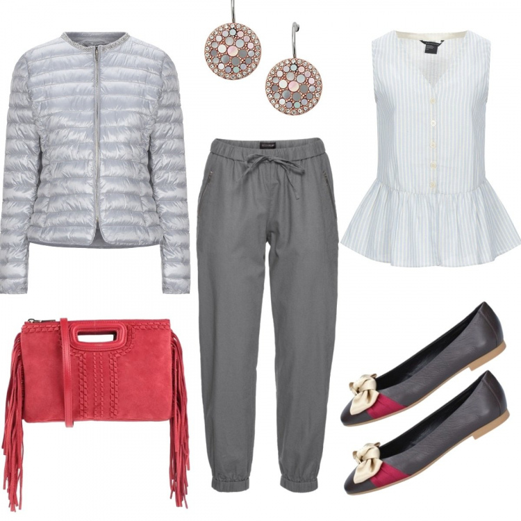 Outfit donna - Chic #11436. Stile Chic per Tutti i giorni. Abbinamento con pantaloni, piumini, top, borse a mano, ballerine, orecchini.