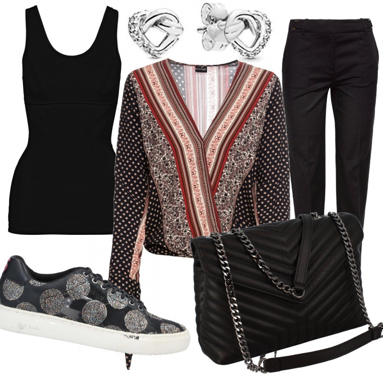 Outfit donna - La blusa trendy. Stile Trendy per Tutti i giorni. Abbinamento con top, bluse, sneakers, borse a tracolla, pantaloni, orecchini.