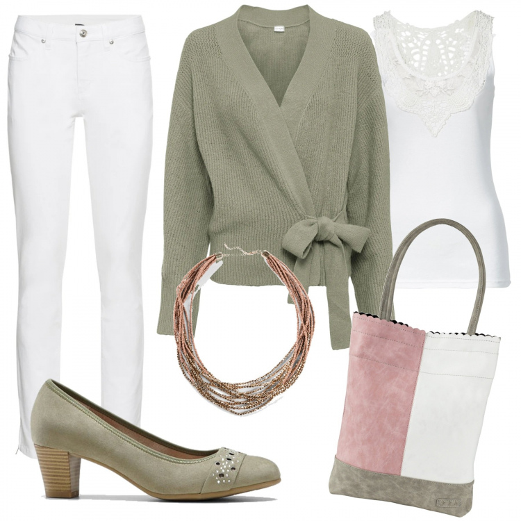 Outfit donna - Verso la primavera. Stile Bon Ton per Tutti i giorni. Abbinamento con jeans skinny, cardigans, shopping bag, top, décolleté, collane.