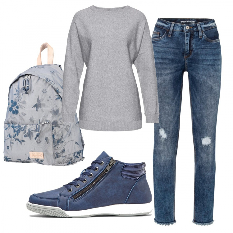 Outfit donna - Basic #12171. Stile Basic per Tutti i giorni. Abbinamento con sneakers alte, maglieria, jeans skinny, zaini.