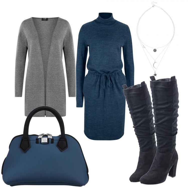 Outfit donna - Basic #12189. Stile Basic per Tutti i giorni. Abbinamento con vestiti, stivali, collane, borse a mano, cardigans.