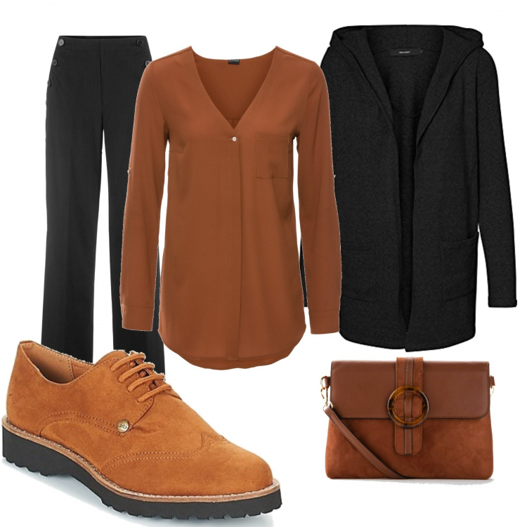 Outfit donna - Trendy #21292. Stile Trendy per Tutti i giorni. Abbinamento con camicie, pantaloni, borse a tracolla, scarpe stringate, cardigans.