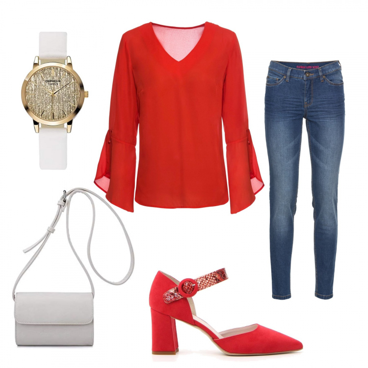 Outfit donna - Un tocco di rosso. Stile Trendy per Tutti i giorni. Abbinamento con jeans skinny, bluse, décolleté, orologi analogici, borse a tracolla.