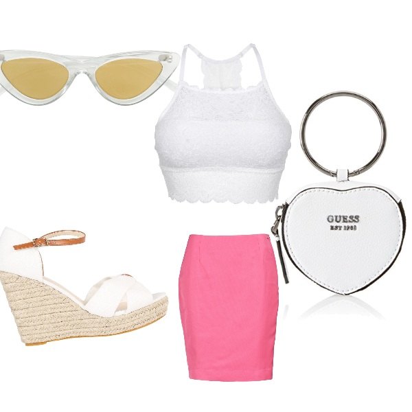 Outfit donna - Candidamente malizioso. Stile Sexy per Serata fuori. Abbinamento con reggiseni, gonna rosa, occhiali da sole effetto acetato taglia unica carne, sandali con zeppe e cinturino in pelle sintetica.
