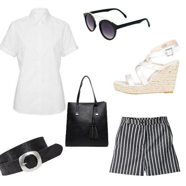 Outfit donna - Casual. Stile Urban per Tutti i giorni. Abbinamento con camicie a manica corta, cintura, shorts a righe, occhiali da sole nero, sandali con zeppe e cinturino in pelle sintetica argento.
