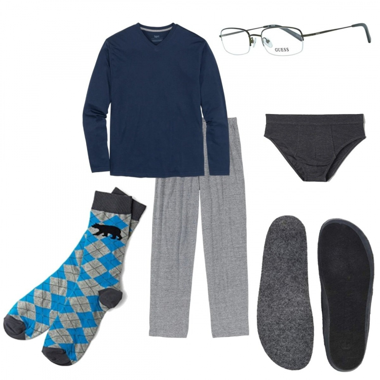 Outfit uomo - Buonanotte. Stile Casual per Tutti i giorni. Abbinamento con abbigliamento da notte, slip, occhiali, calzini, pantofole.