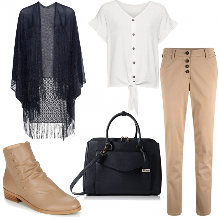 Outfit donna - Lo stivaletto primaverile. Stile Basic per Ufficio. Abbinamento con shorts, cappotti, pullovers, stivaletti, borse a tracolla.