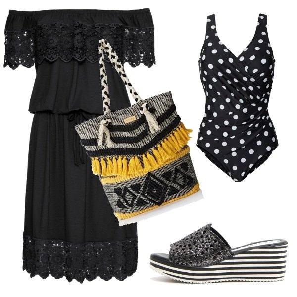 Outfit donna - Il costume anni 60. Stile Trendy per Mare. Abbinamento con shopping bag nero.