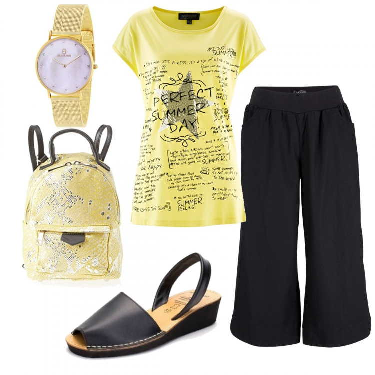 Outfit donna - Basic #12299. Stile Basic per Scuola/Università. Abbinamento con pantaloni, maglieria, sandali, zaini, orologi analogici.