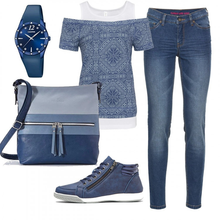 Outfit donna - Basic #12336. Stile Basic per Tutti i giorni. Abbinamento con sneakers alte, jeans skinny, maglieria, borse a tracolla, orologi.
