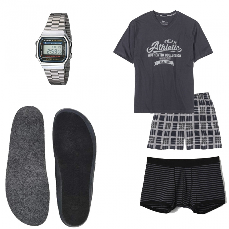 Outfit uomo - Abbigliamento da notte smart. Stile Casual per Tutti i giorni. Abbinamento con abbigliamento da notte, boxer, pantofole, orologi digitali.