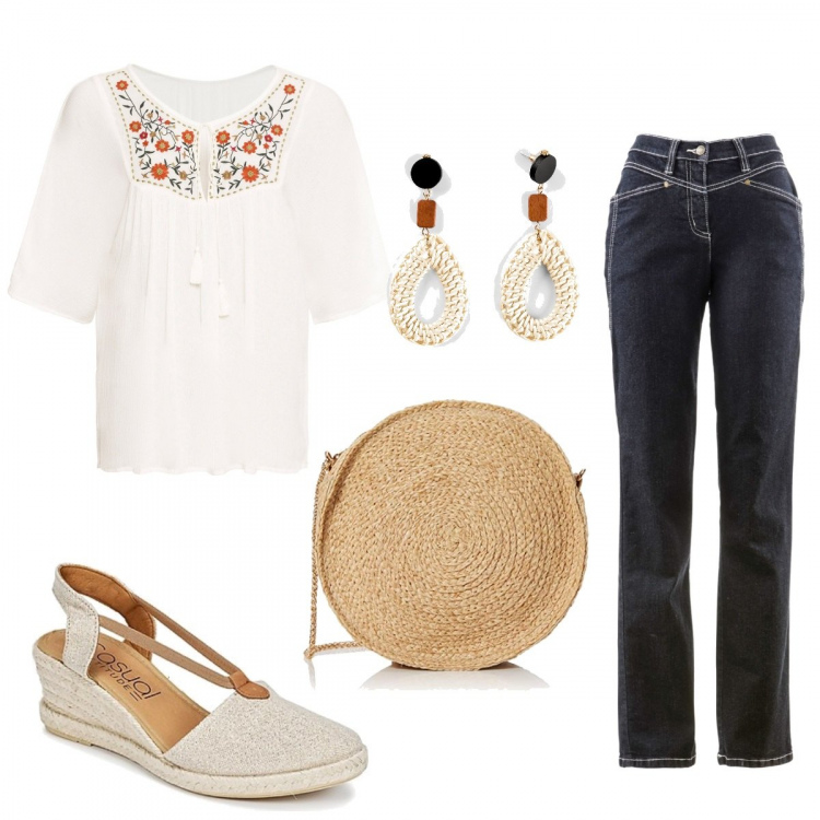 Outfit donna - In campagna e in città. Stile Etnico per Tutti i giorni. Abbinamento con tuniche, jeans dritti, orecchini, sandali, borse a spalla.