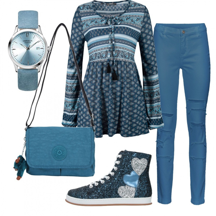 Outfit donna - Basic #12368. Stile Basic per Scuola/Università. Abbinamento con sneakers, borse a tracolla, pantaloni, pullovers, orologi analogici.