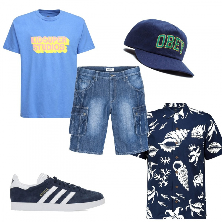 Outfit uomo - I jeans corti. Stile Trendy per Tutti i giorni. Abbinamento con bermuda, cappelli con visiera, sneakers, camicie a manica corta, t-shirt.