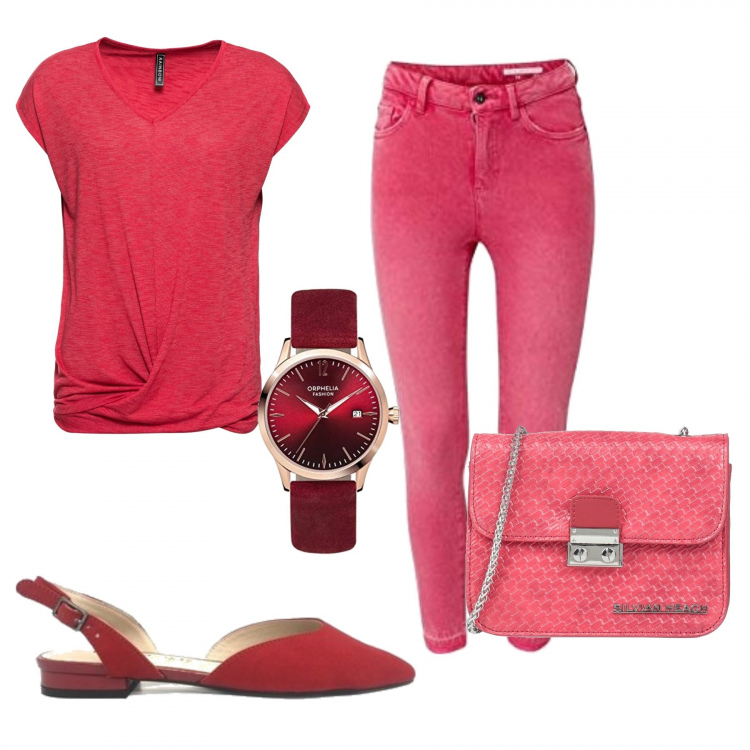 Outfit donna - Vedo rosso. Stile Basic per Tutti i giorni. Abbinamento con maglieria, borse a tracolla, décolleté, pantaloni, orologi analogici.