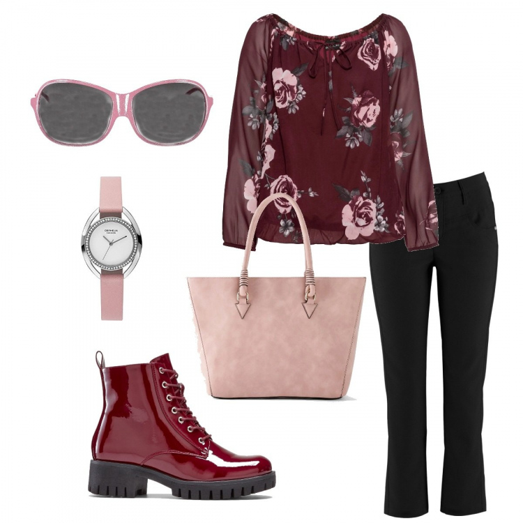 Outfit donna - Curvy spring. Stile Trendy per Tutti i giorni. Abbinamento con pantaloni, bluse, shopping bag, stivaletti, occhiali da sole, orologi analogici.