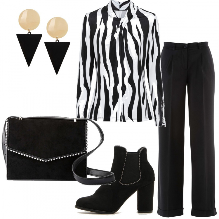 Outfit donna - Trendy #21822. Stile Trendy per Ufficio. Abbinamento con pantaloni, maglieria, orecchini, borse a tracolla, stivaletti chelsea.