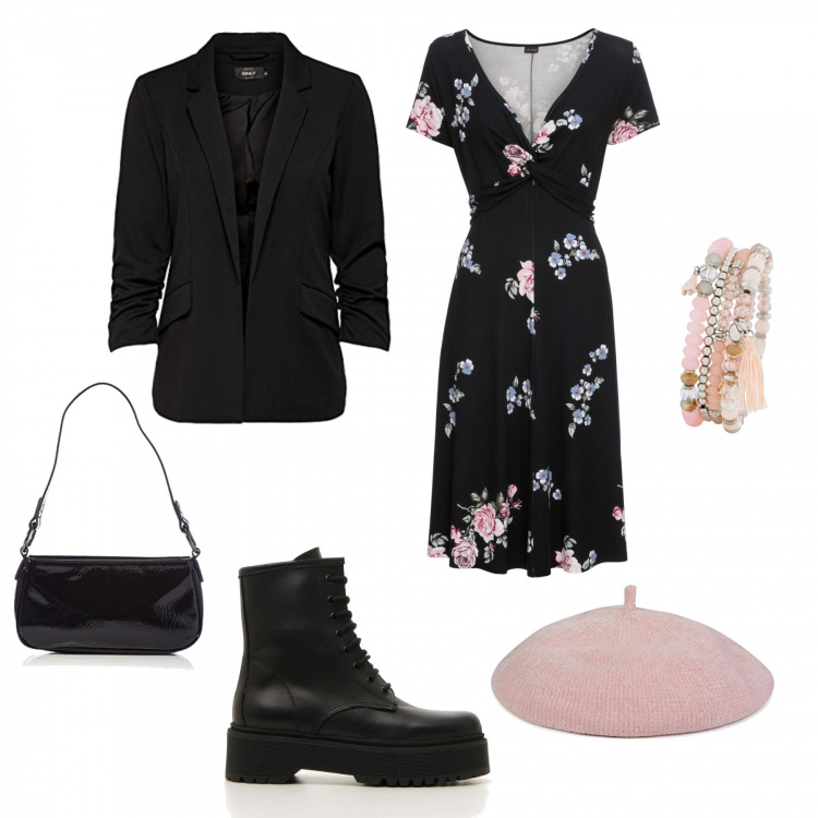 Outfit donna - Black and light pink look. Stile Bon Ton per Tutti i giorni. Abbinamento con vestiti lunghi, braccialetti, blazer, anfibi, berretti, borse a tracolla.