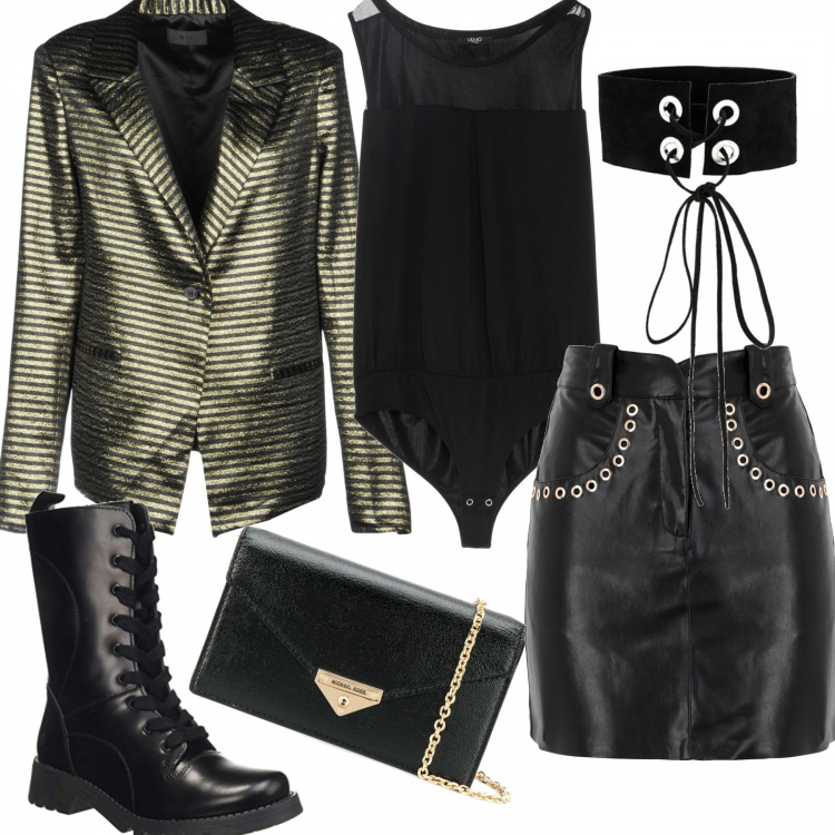 Outfit donna - Rock #1835. Stile Rock per Serata fuori. Abbinamento con top, blazer, minigonne, collane, clutch, anfibi.