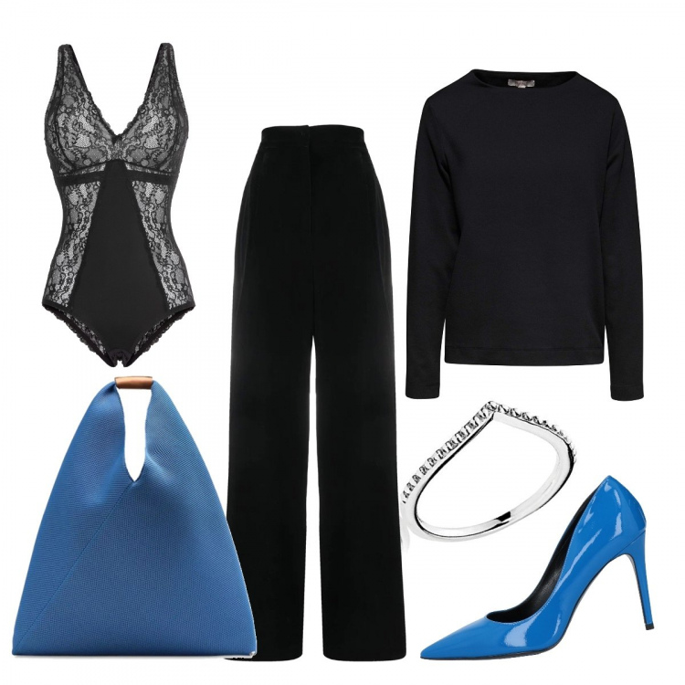 Outfit donna - Chic #11606. Stile Chic per Ufficio. Abbinamento con body, décolleté, pantaloni, camicie, shopping bag, anelli.