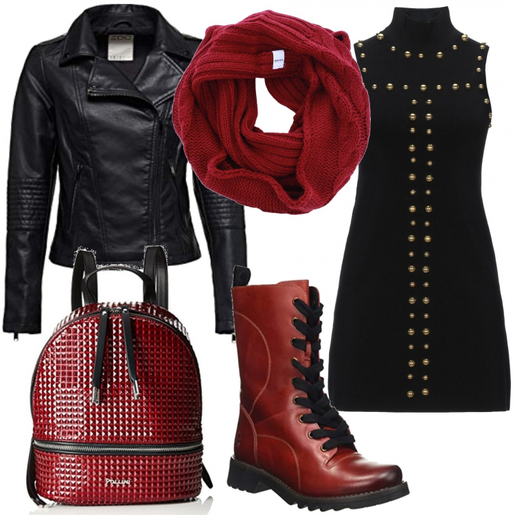 Outfit donna - Rock #1846. Stile Rock per Serata fuori. Abbinamento con vestiti corti, sciarpe, blazer, anfibi, zaini.