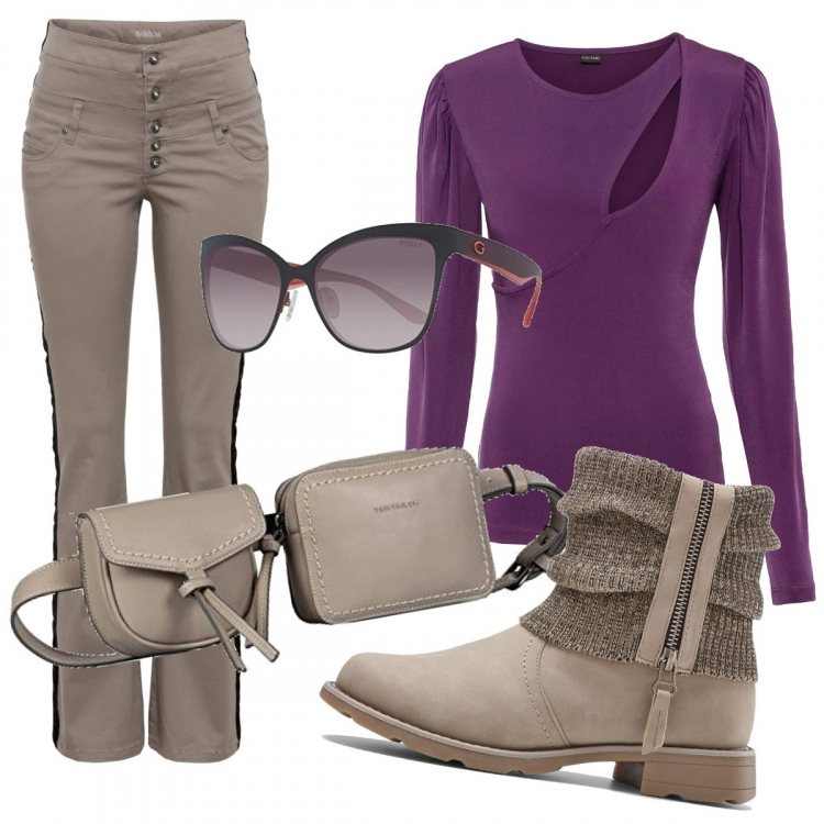 Outfit donna - Trendy #21943. Stile Trendy per Tutti i giorni. Abbinamento con stivaletti, pullovers, pantaloni, borse a spalla, occhiali da sole.