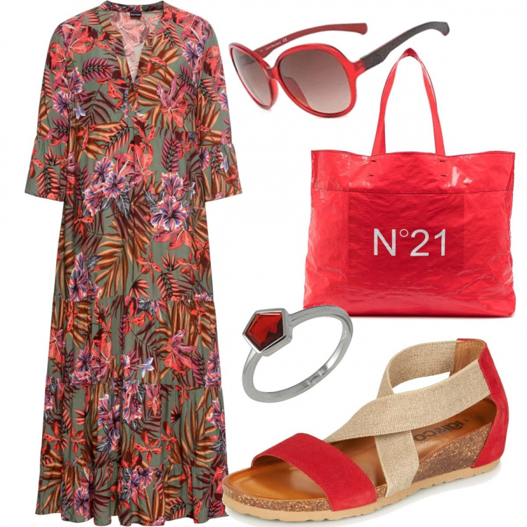 Outfit donna - Abito estivo lungo. Stile Basic per Tutti i giorni. Abbinamento con vestiti lunghi, sandali, borse tote, occhiali da sole, anelli.
