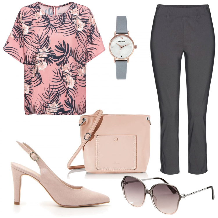 Outfit donna - Semplice e raffinata con poco. Stile Bon Ton per Ufficio. Abbinamento con pantaloni, bluse, occhiali da sole, décolleté, orologi, borse a tracolla.