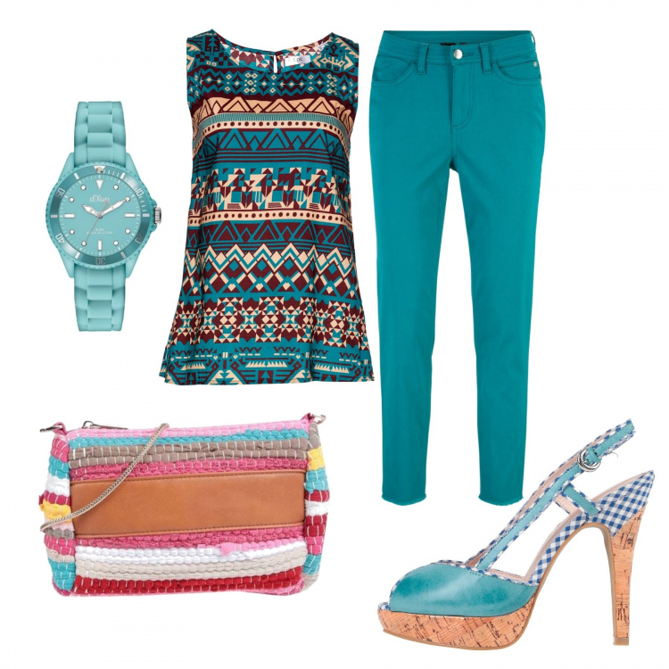 Outfit donna - Turista in vacanza. Stile Basic per Tutti i giorni. Abbinamento con top, pantaloni capri, sandali alla schiava, borse a tracolla, orologi.