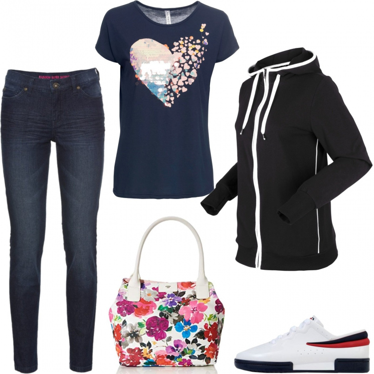 Outfit donna - Proposta plus size. Stile Basic per Tutti i giorni. Abbinamento con felpe, jeans skinny, t-shirt, sneakers, borse tote.