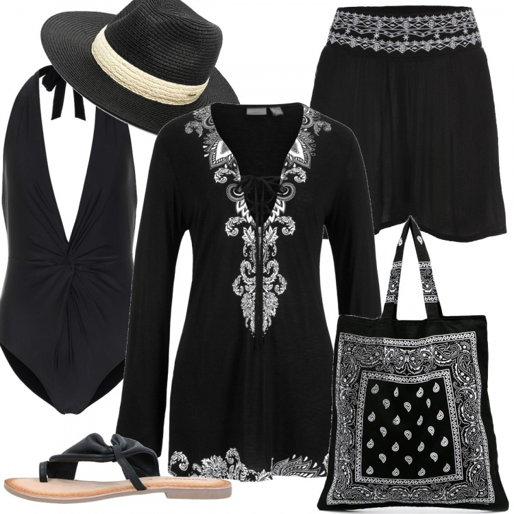 Outfit donna - We curvy al mare. Stile Chic per Mare. Abbinamento con shorts, vestiti da spiaggia, infradito, borse tote, cappelli, costumi interi.
