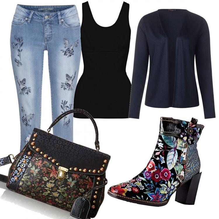 Outfit donna - Curvy- la borsa eccentrica. Stile Trendy per Tutti i giorni. Abbinamento con top, jeans, stivaletti, cardigans, borse a secchiello.