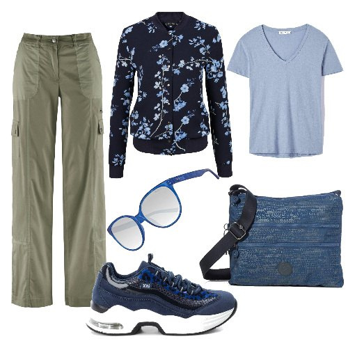 Outfit donna - Relax al parco.. Stile Urban per Tutti i giorni. Abbinamento con bomber, pantaloni cargo, t-shirt, sneakers, borse a tracolla, occhiali da sole.