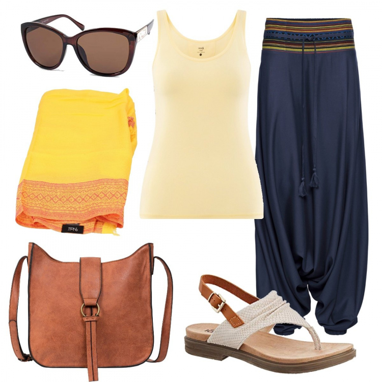 Outfit donna - Stile etnico. Stile Etnico per Tutti i giorni. Abbinamento con pantaloni, borse a tracolla, sciarpe, sandali, top, occhiali da sole.
