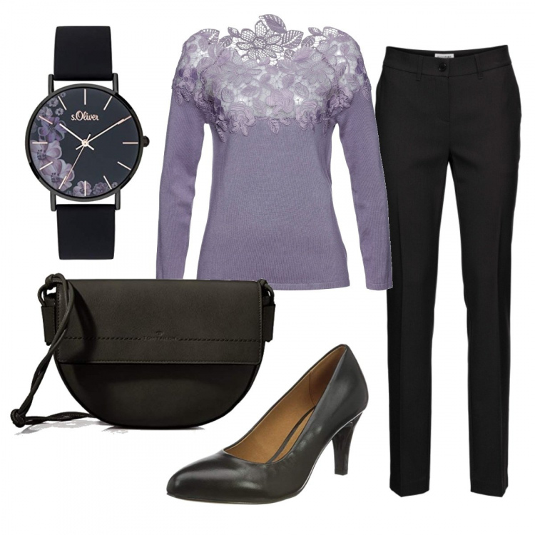 Outfit donna - Basic #12644. Stile Basic per Serata fuori. Abbinamento con pantaloni, maglioni, orologi analogici, borse a spalla, scarpe col tacco.