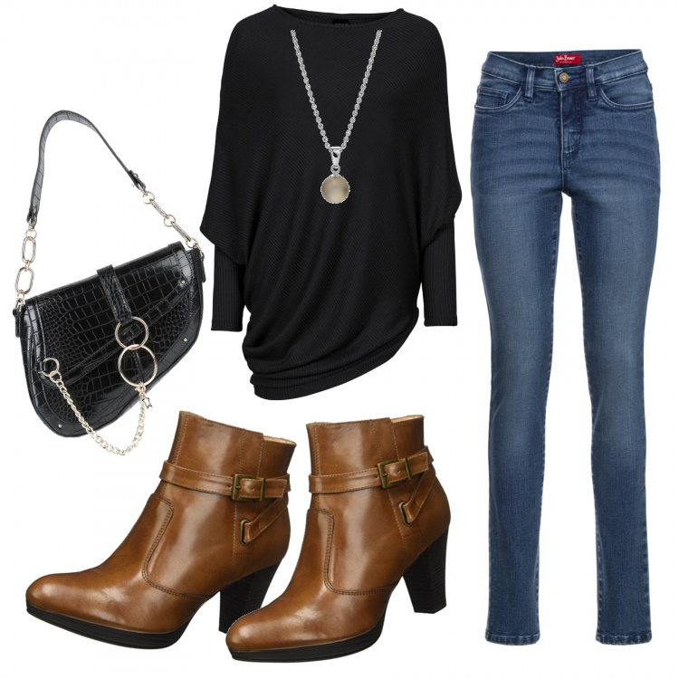 Outfit donna - Casual con stile!. Stile Trendy per Tutti i giorni. Abbinamento con maglieria, jeans slim fit, borse a mano, ciondoli, stivaletti.