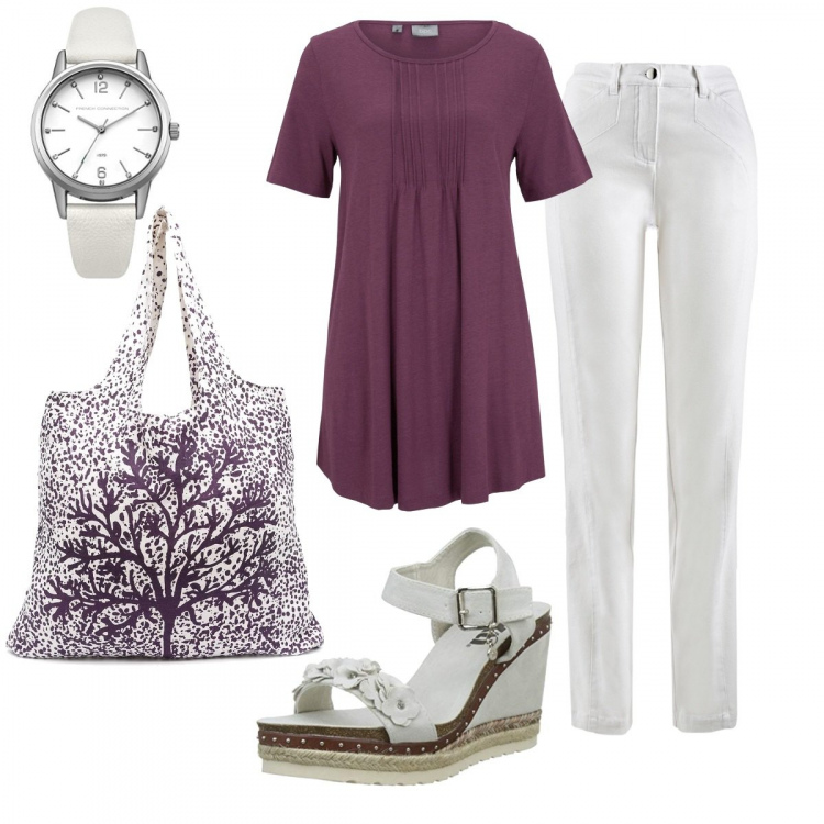 Outfit donna - Basic #12679. Stile Basic per Ufficio. Abbinamento con t-shirt, pantaloni, borse tote, sandali, orologi analogici.