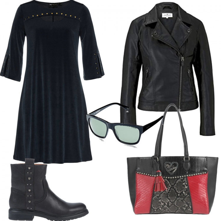 Outfit donna - Rock. Stile Rock per Tutti i giorni. Abbinamento con vestiti, stivaletti, borse a mano, blazer, occhiali da sole.