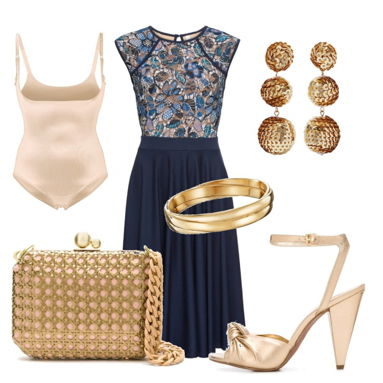 Outfit donna - Cerimonia con le curve. Stile Chic per Cerimonia. Abbinamento con vestiti midi/longuette, reggiseni a balconcino, orecchini, sandali col tacco, clutch, braccialetti.