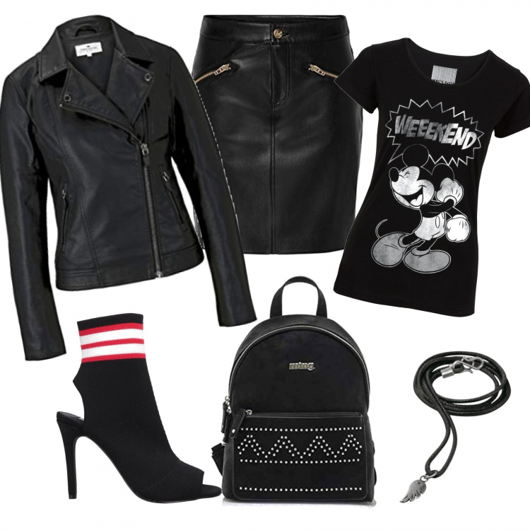 Outfit donna - Quasi total black. Stile Rock per Serata fuori. Abbinamento con t-shirt, stivaletti, blazer, gonne, zaini, collane.