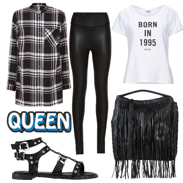 Outfit donna - Curvy Rock. Stile Rock per Serata fuori. Abbinamento con treggings, camicie, borse a mano, sandali, t-shirt, ciondoli.