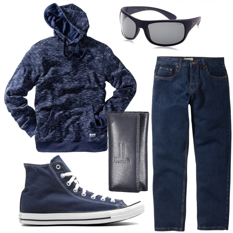 Outfit uomo - Marzo in Barca. Stile Casual per Mare. Abbinamento con jeans dritti, felpe con cappuccio, sneakers alte, portachiavi, occhiali da sole.