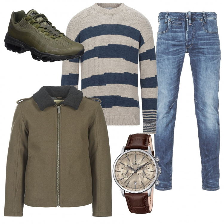 Outfit uomo - Urban #3713. Stile Urban per Tutti i giorni. Abbinamento con giacche, jeans, pullovers, sneakers, orologi.