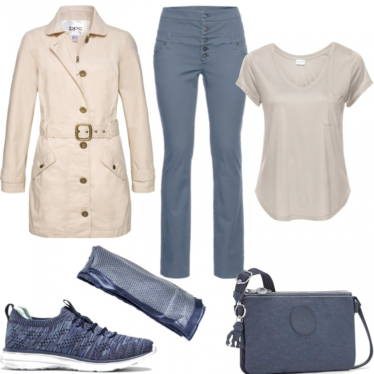 Outfit donna - Carta da zucchero e beige. Stile Basic per Ufficio. Abbinamento con sneakers, pantaloni skinny, maglieria, trench, borse a tracolla, foulard.