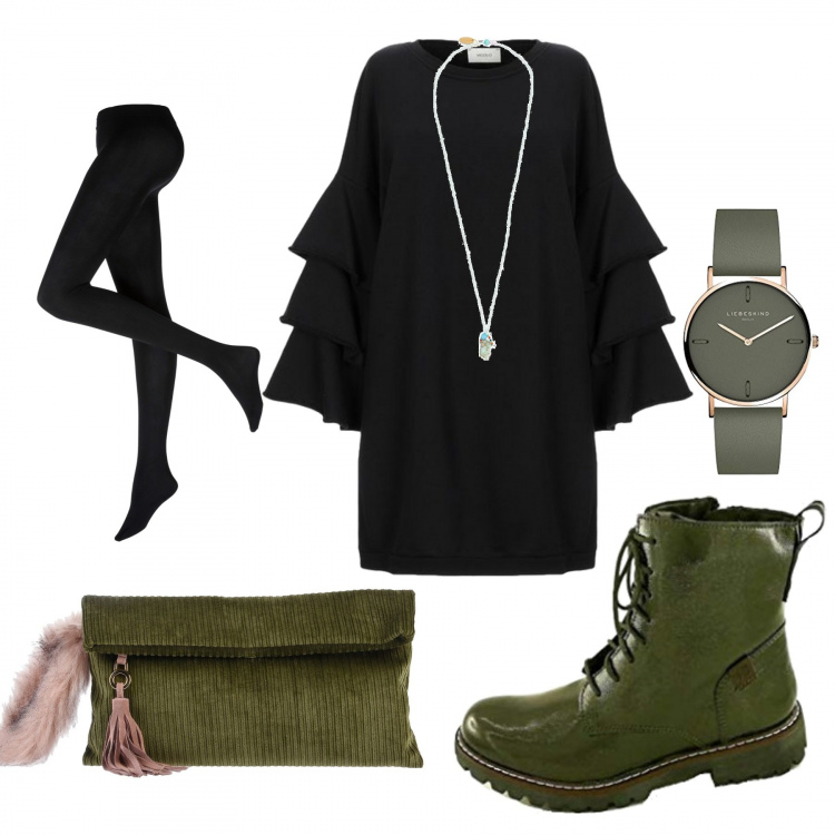 Outfit donna - Serata con le amiche. Abbinamento con collant, vestiti corti, borse a mano, ciondoli, anfibi, orologi analogici.